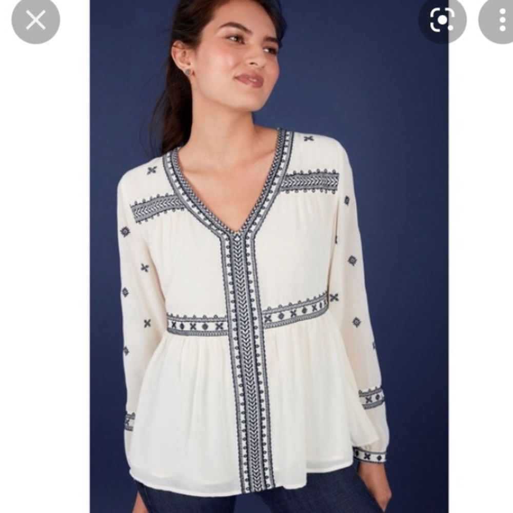 Maette by Stella & Dot Cream Lela Long-Sleeve Boho Embroidered Tunic Top XS
